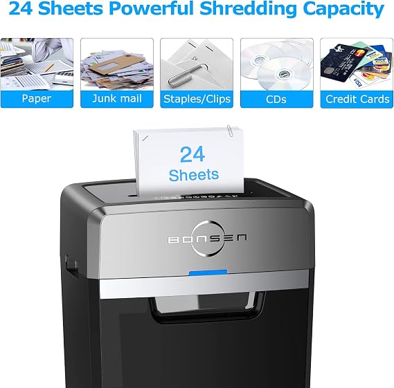 BONSEN 24-Sheet Cross-Cut P-4 High Security Heavy Duty Paper Shredder | 40-Min Run, Anti-Jam, 55dB Ultra-Quiet, 9 Gal Pullout Bin with Casters, Commercial-Grade Shredder for Home Office S3105