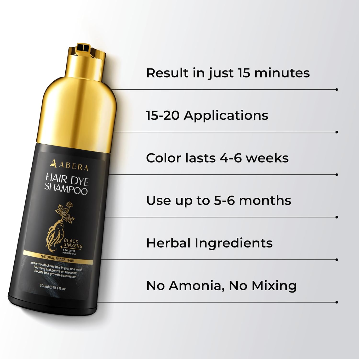 ABERA Hair Dye Shampoo, Black Hair Color for Gray Hair Coverage for Women and Men, 3 in 1 Formula for Healthy Hair, One-wash Hair Blackening Treatment with Natural Dark Color (10.1 Fl. Oz.)