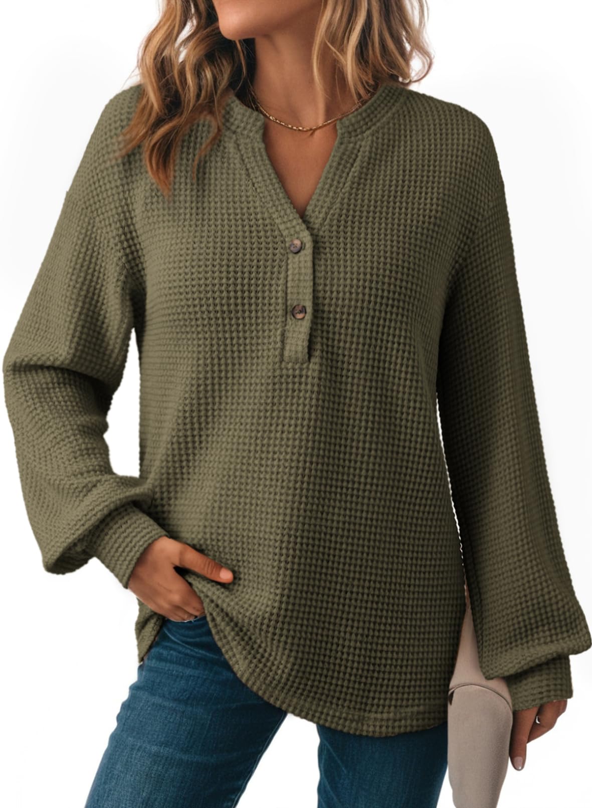 Dokotoo Bluse Damen Langarm Waffel V-Ausschnitt Oberteile Herbst Pullover Sweatshirt Langarmshirt Tops Lässig Blusen Tuniken Einfarbig T-Shirts Oberteil S-XXL