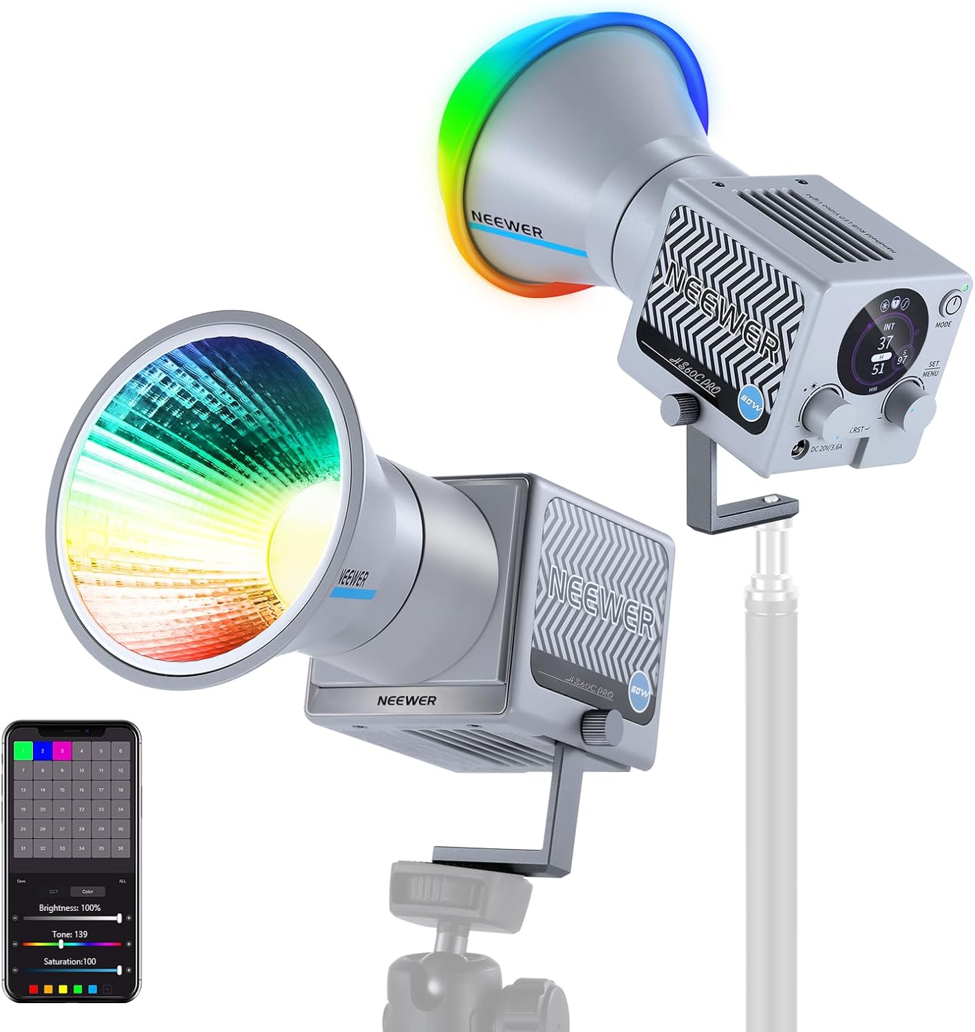 NEEWER HS60C Pro 60W Portable RGB LED Video Light, APP DMX/Panel Control/Custom Effects/Light Group 8700Lx/1m 2700-6500K CRI97+ COB Continuous Output Lighting for Video Recording Studio Photography