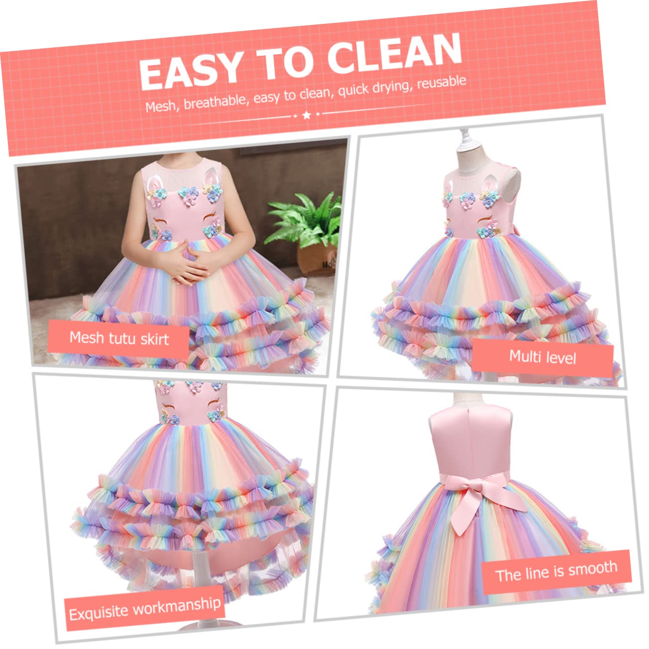 PACKOVE Abito Principessa Unicorno per Bambina, Vestito Rosa in Cotone e Garza, Morbido e Ben Rifinito per Festa e Cerimonia, 130cm