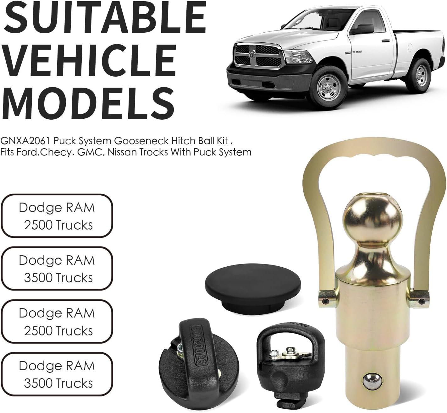 GNXA2062 Gooseneck Ball & Safety Chain Kit Compatible with Dodge Ram 2500 3500，2 5/16" Gooseneck Ball and Safety Chain Kit, 30,000 Ibs (GTW) 7,500 lbs(VTW)