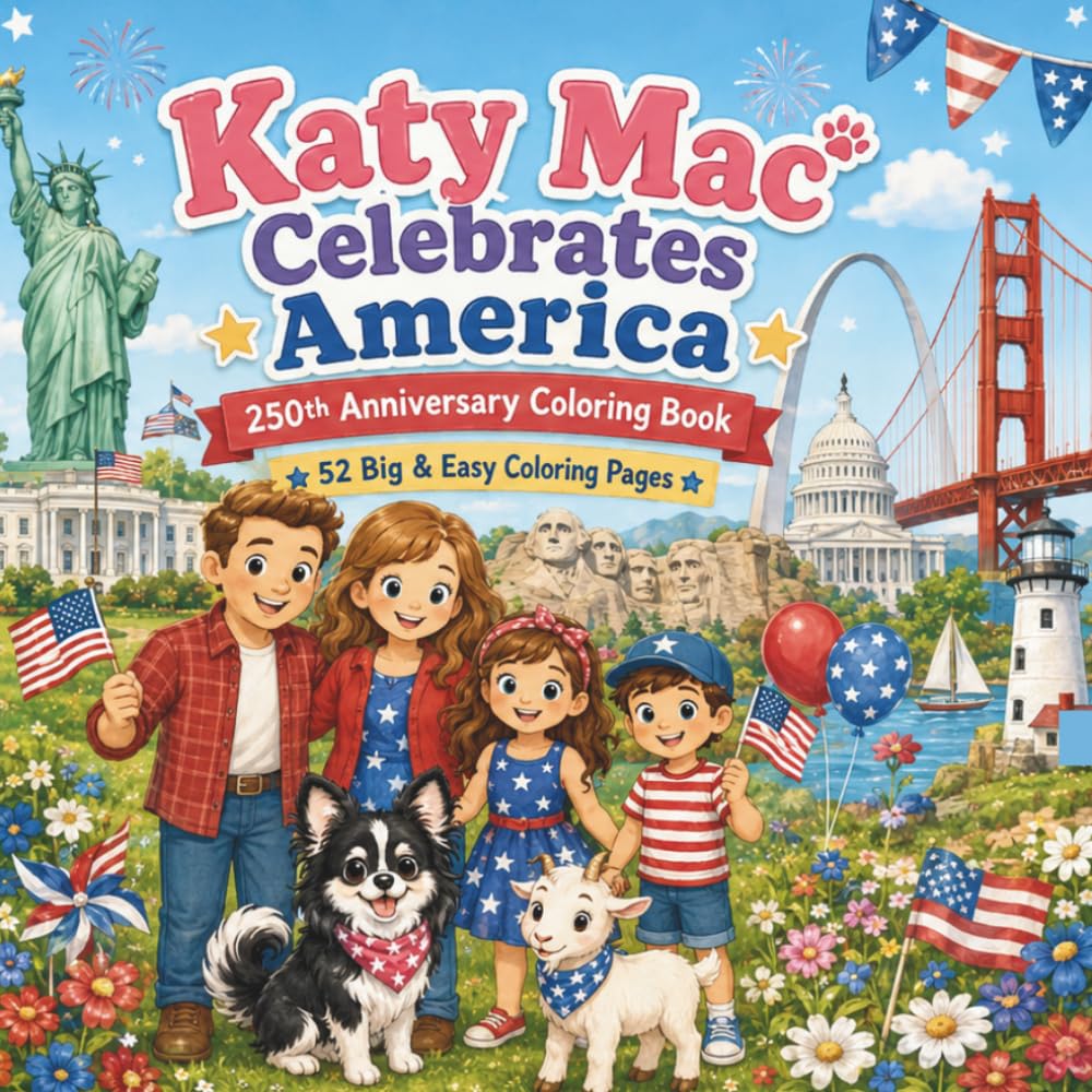 Katy Mac Celebrates America: Celebrating America's 250th Anniversary Coloring Book for Kids with 52 Big & Easy Pages Featuring Landmarks, History, Family Fun, and Patriotic Scenes