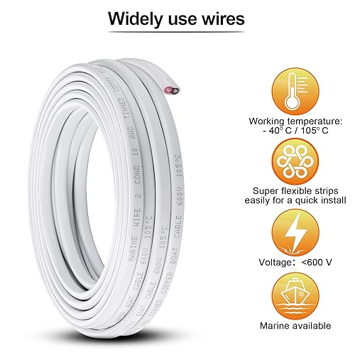 Miniatura 4 de iGreely - Cable de calibre 10, calibre 10, cable marino de cobre estañado de 20 pies y 10 AWG, cable de cobre estañado de 2 núcleos, cable trenzado