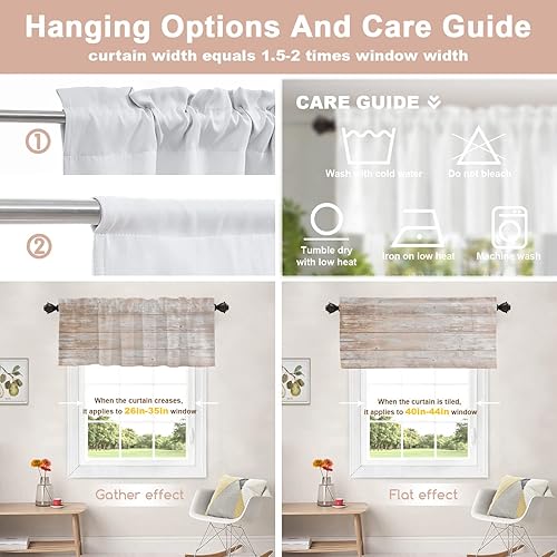 Miniatura 4 de Shrahala Cenefas de cocina de madera marrón con tablones vintage, panel de media ventana, tratamiento de ventana multicapa de poliéster opaco para