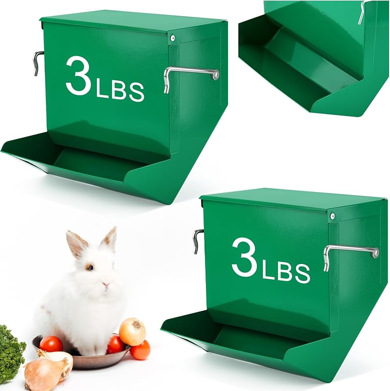 Comedouro automático para coelhos e pequenos animais Maxcheck com tampa e suporte, metal verde, pacote com 2