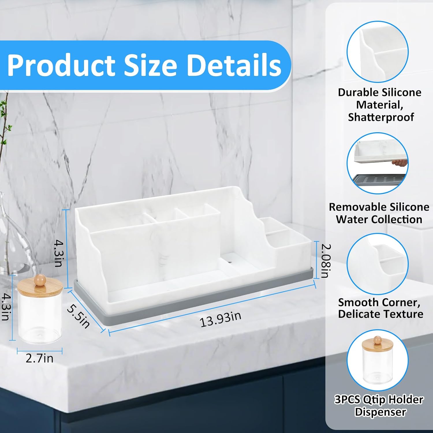 Bathroom Counter Organizer, Large White Silicone Toothbrush Holders for Bathrooms with 3PCS Qtip Holder, Bathroom Organizer Countertop Toothbrush and Toothpaste Holder for Makeup Organizer for Vanity