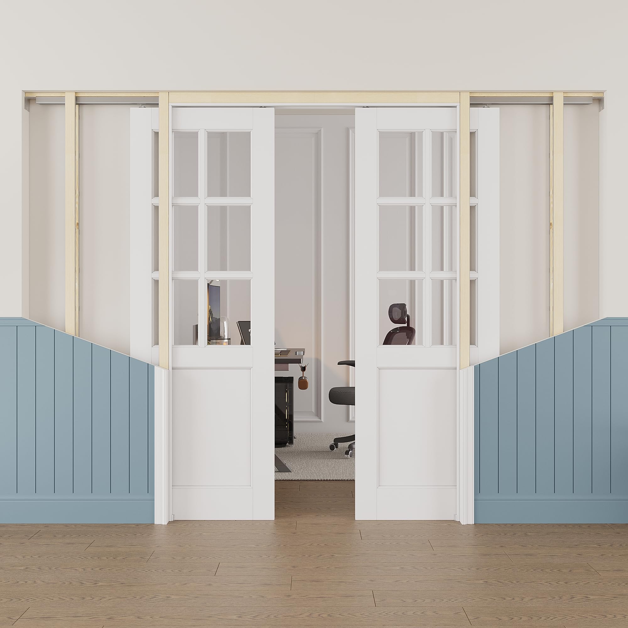56x80 Sliding Double Pocket Door,Glass Doors,Hidden Doors,6 Lite Clear