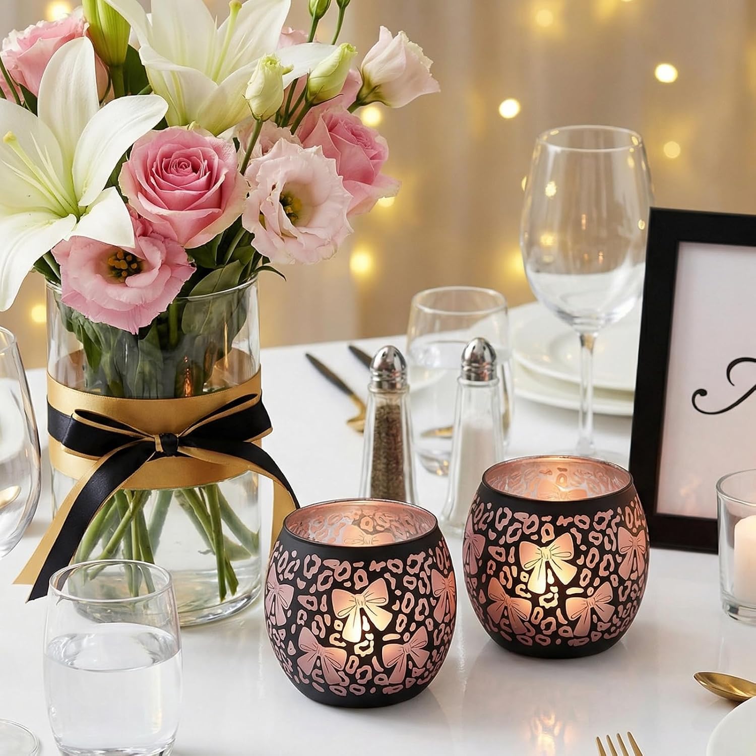 Black Pink Leopard Candle Holder with Bow Set of 2, Elegant Glass Votive Tealight Candle Holders for Room Decor, Aesthetic Ribbon Votive for Wedding Birthday Party Centerpieces & Pink Leopard Decor