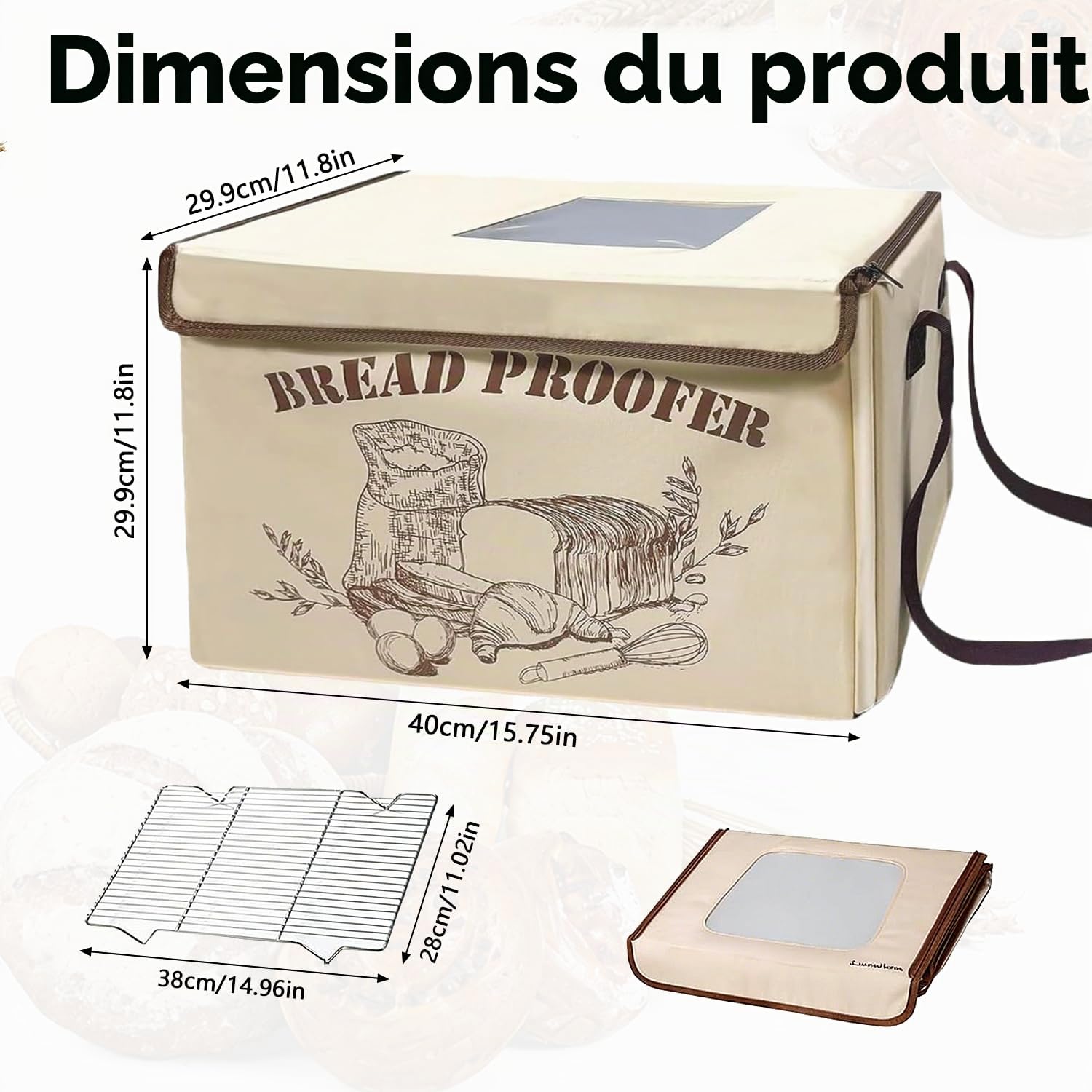 Boîte de Fermentation au Levain avec Chauffage, Pliable Boîte de Levée de Pâte Polyvalente avec Chauffage sur 3 Côtés et Grille en Fer, Affichage Numérique 50 à 113 °F, Minuterie de 0 à 48 Heures