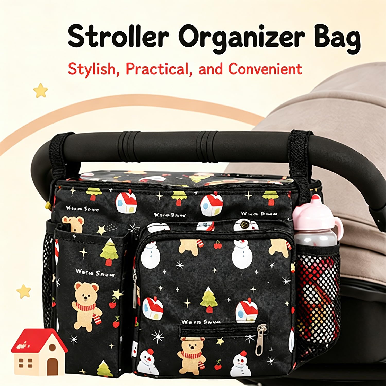 Kinderwagen-Organizer-Tasche, universeller Kinderwagen-Caddy mit Getränkehaltern, große Kapazität, Aufbewahrungstasche für Windeln, Spielzeug, Snacks, passend für die meisten Kinderwagen