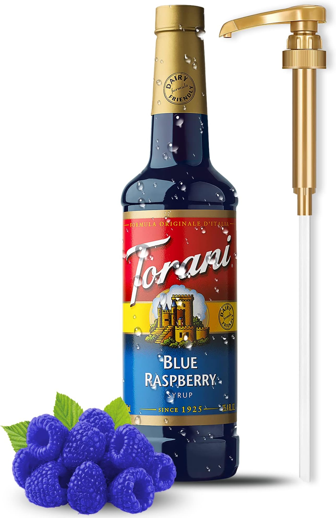 Torani Blue Raspberry Syrup with Little Squirt Syrup Pump, Plastic Bottle 750ml 25.4 Ounces