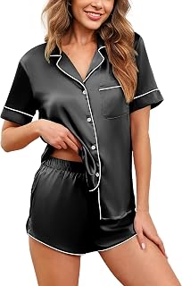 Ekouaer Womens Silk Satin Pajamas Set Short Sleeve Sleepwear S-5X Plus Size | Button Down Loungewear,Side Split Shorts,2 Piece Pjs Shorts Set for Daily,Wedding & Bridal Events,Party,Gifting,Nursing