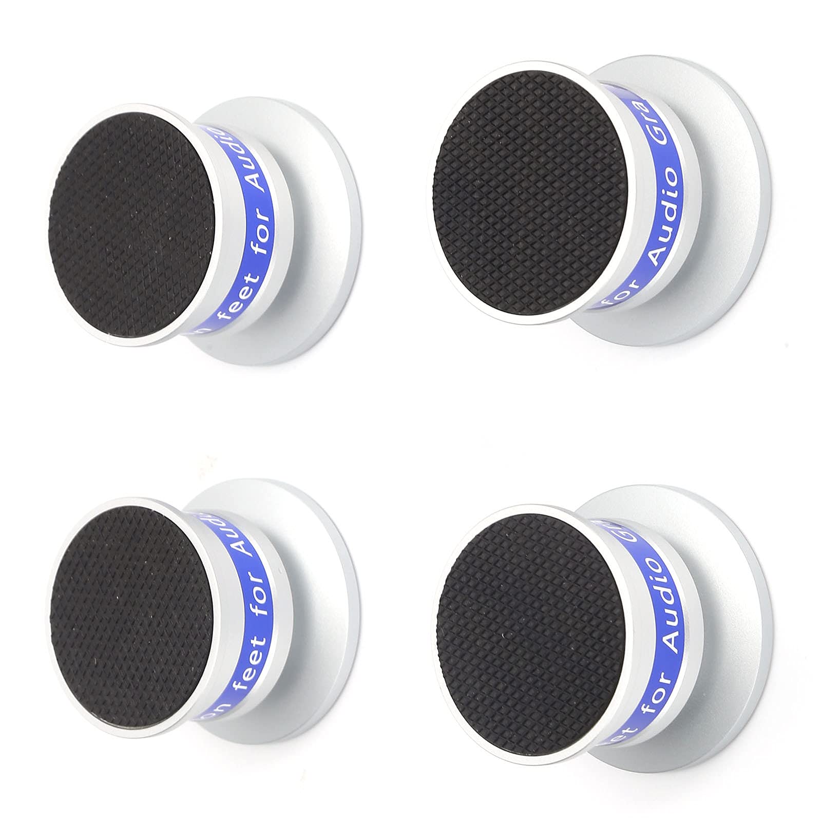 Preffair Piedini Isolanti con Cuscinetti Antivibranti per Giradischi, Amplificatori e Altoparlanti - Lega di Alluminio e Ottone - 4 Set, 45 Mm X 33 Mm (SILVER)