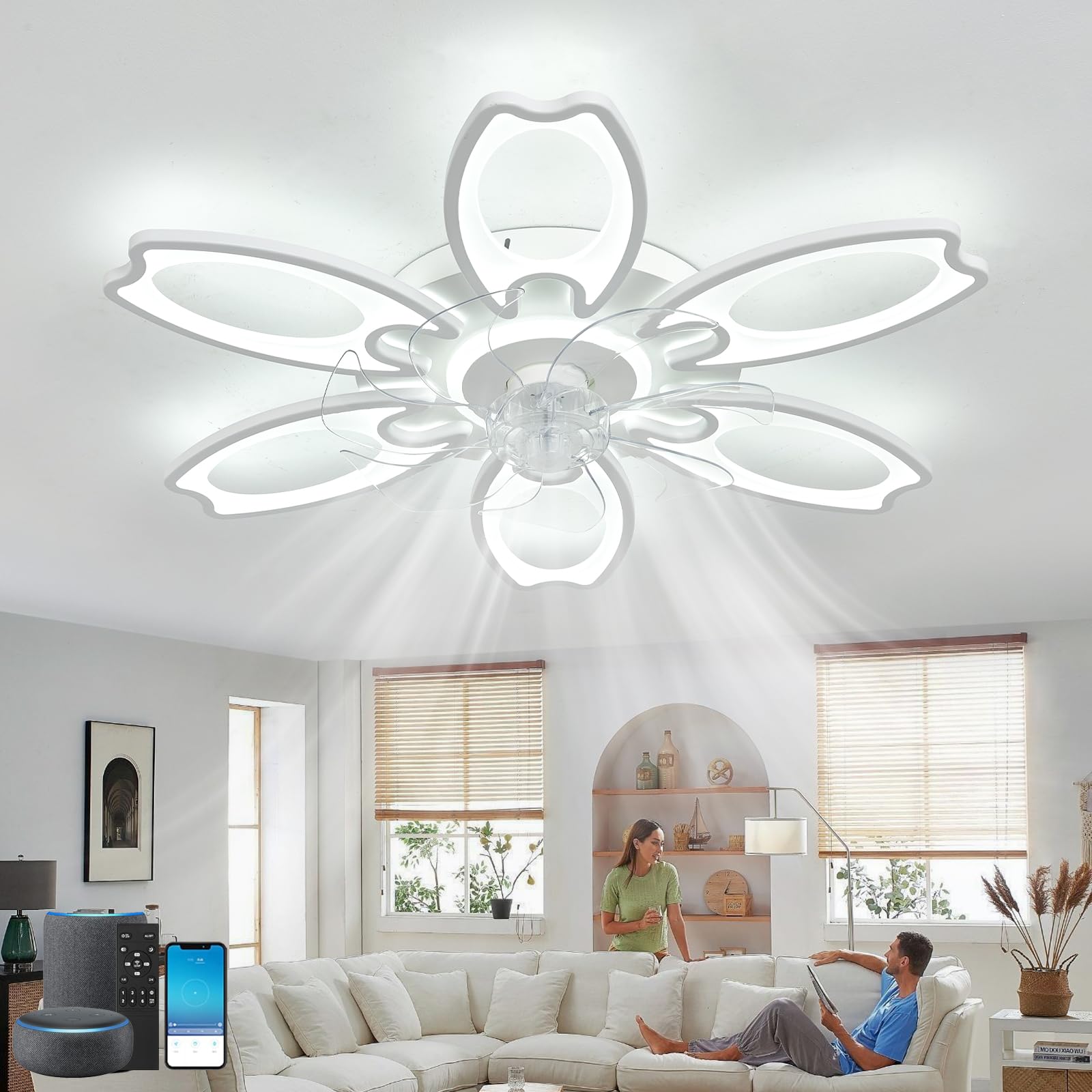 Weiß Deckenleuchte mit Ventilator Alexa-kompatibel für Schlaf | App und Fernbedienung Ventilator mit Licht,108W Deckenventilator mit Beleuchtung leise 6-Gang,Timer