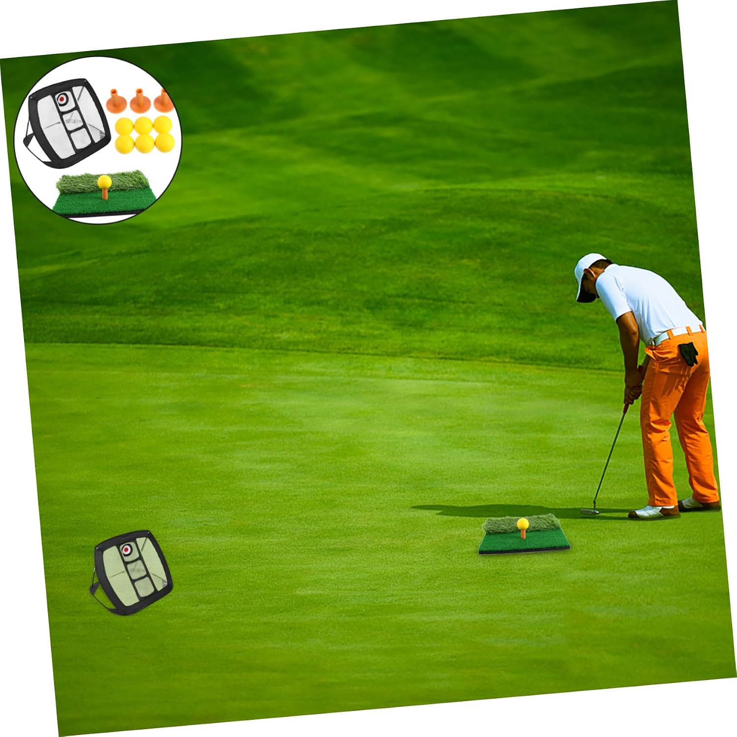 Portable Golf Practice Net Set with Nylon Indoor Outdoor Chipping Net Includes Hitting Mat Elastic Tees Yellow PU Balls Stable Frame for Backyard Training and Swing Accuracy