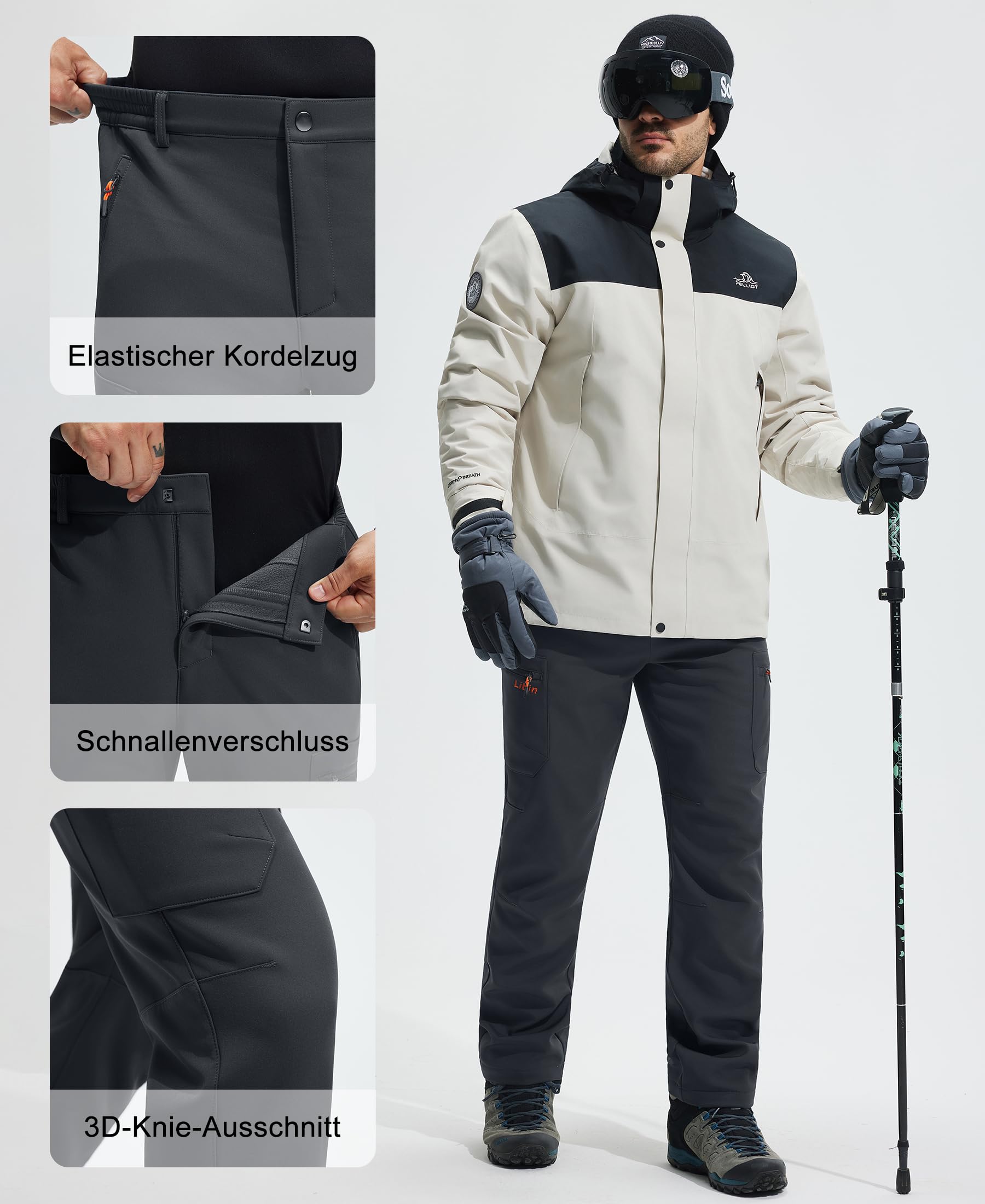 Libin Pantaloni da Neve Uomo Softshell Trekking Impermeabile Invernali Escursionismo Pantaloni Tasca con Cerniera