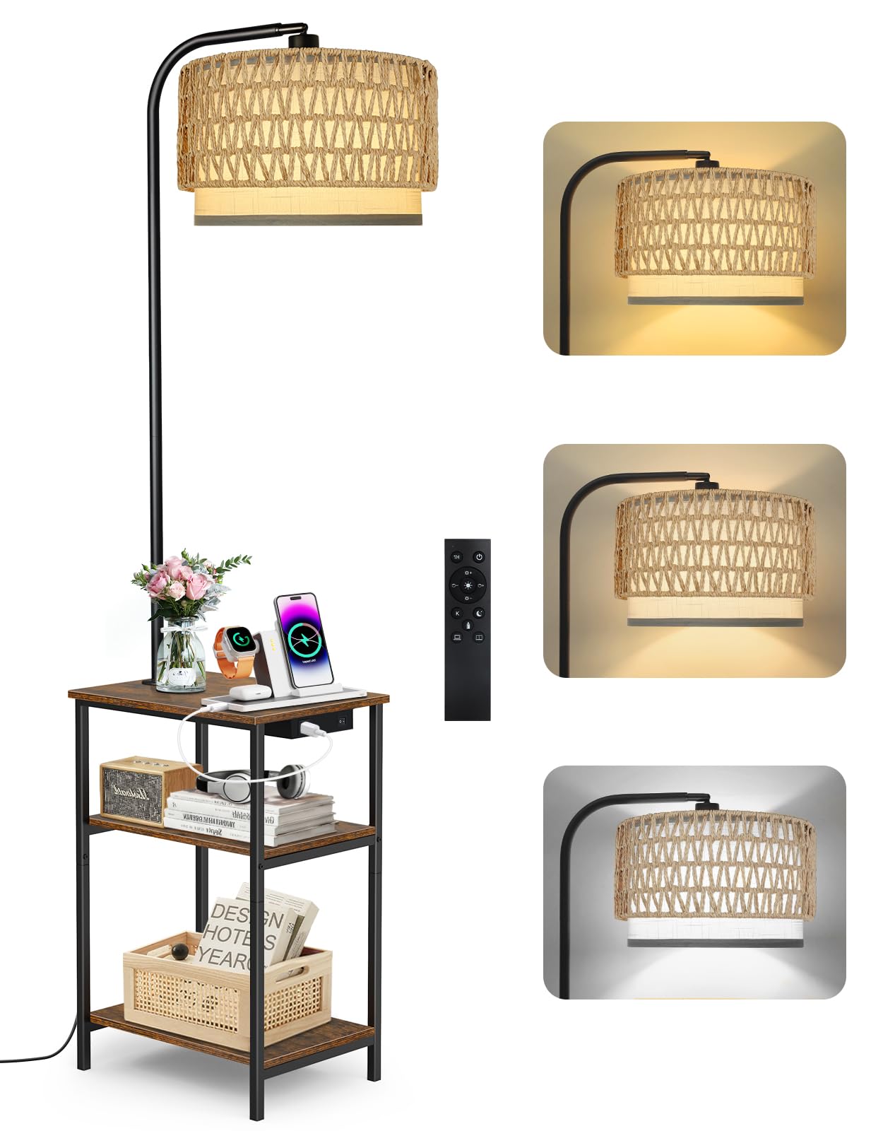 OUTONLIFE Floor Lamp with Table & Rattan Shade, Side End Table with Charging Station, Dimmable Nightstand with 3 Color Temperatures, 1-Hour Timer, 12W LED Bulb, for Living Room, Bedroom(Rustic Brown) — image 1