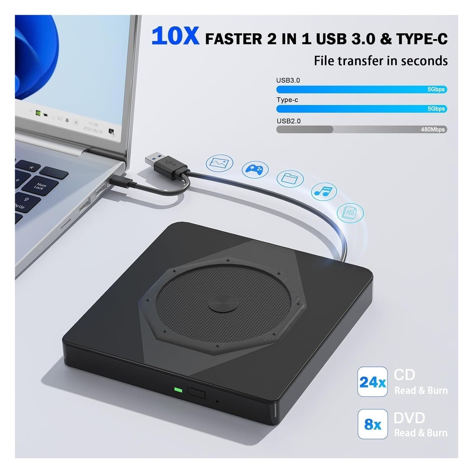 Zewnętrzny Napęd CD/DVD Do Laptopa USB 3.0 Typu C, Przenośna Nagrywarka CD/DVD, Napędy CD ROM +/-RW