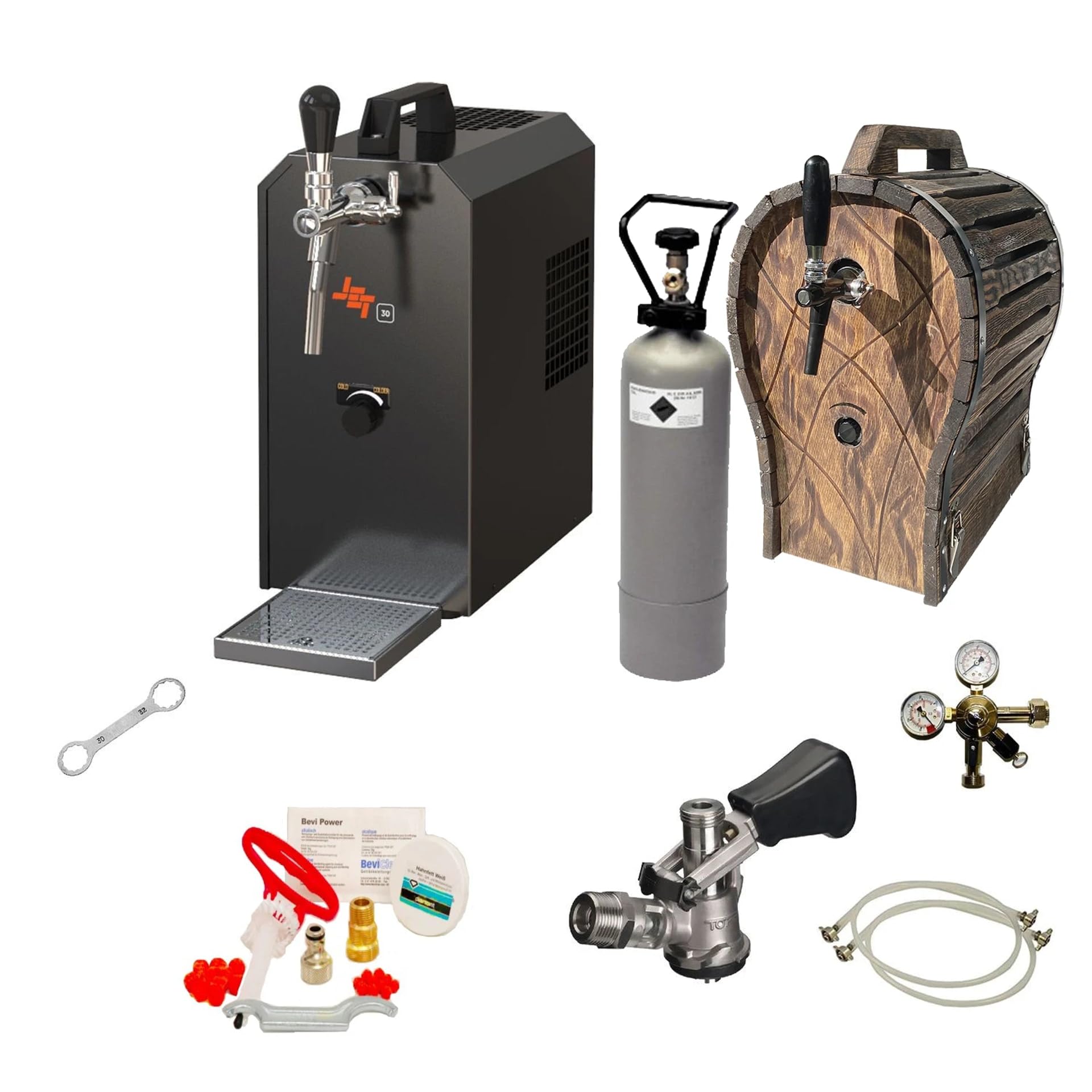 Komplett Set Zapfanlage Jet 30 Bierkoffer Durchlaufkühler 1-leitig bis 35 L/h mit Holzfass Reinigungsset CO2 Zubehör Edelstahl