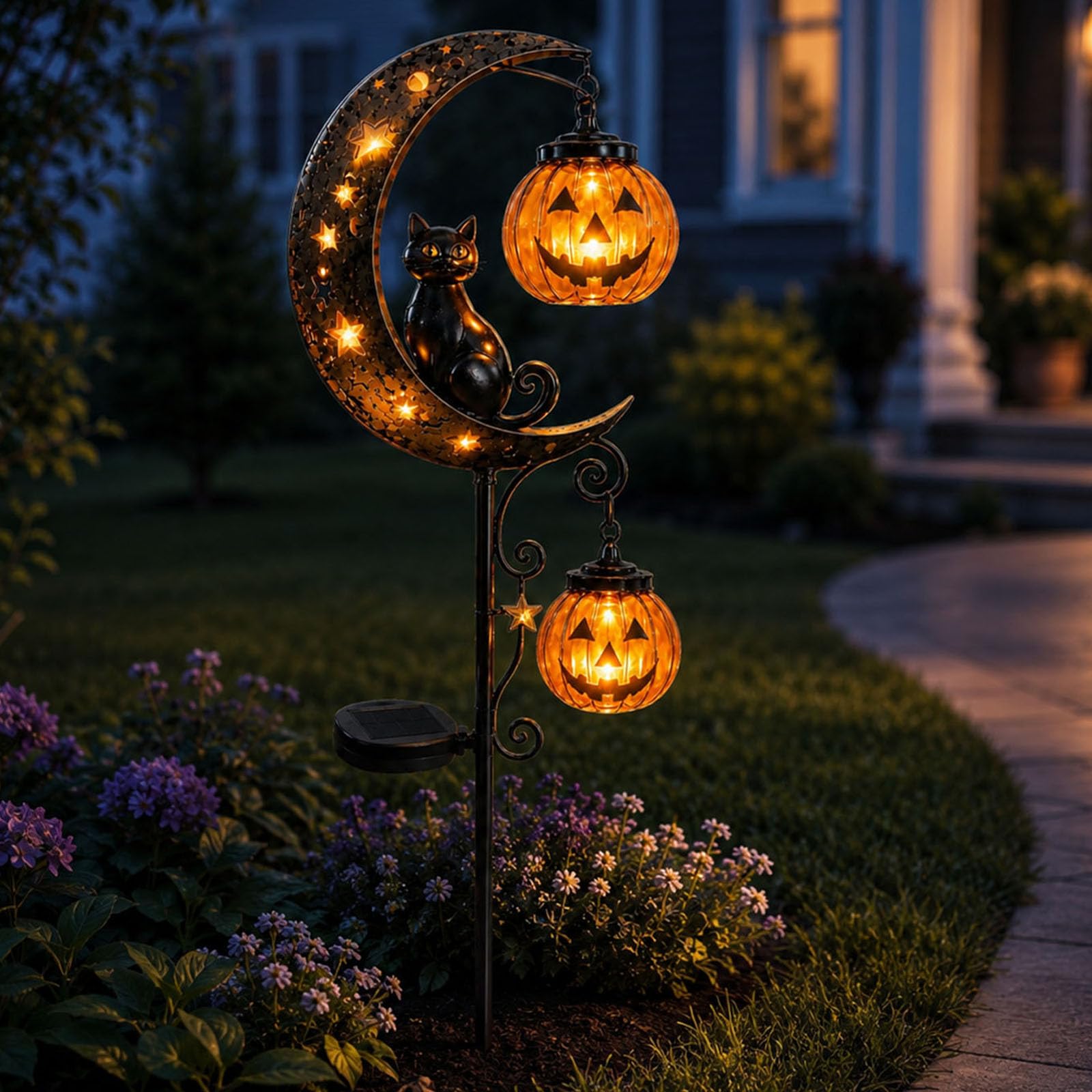 OLYGEE Pumpkin Moon Garden Stake Light, Solar Halloween Black Cat & for Outdoor Yard Decor, Lights with Warm LED Lantern Patio Walkway Porch (#A)