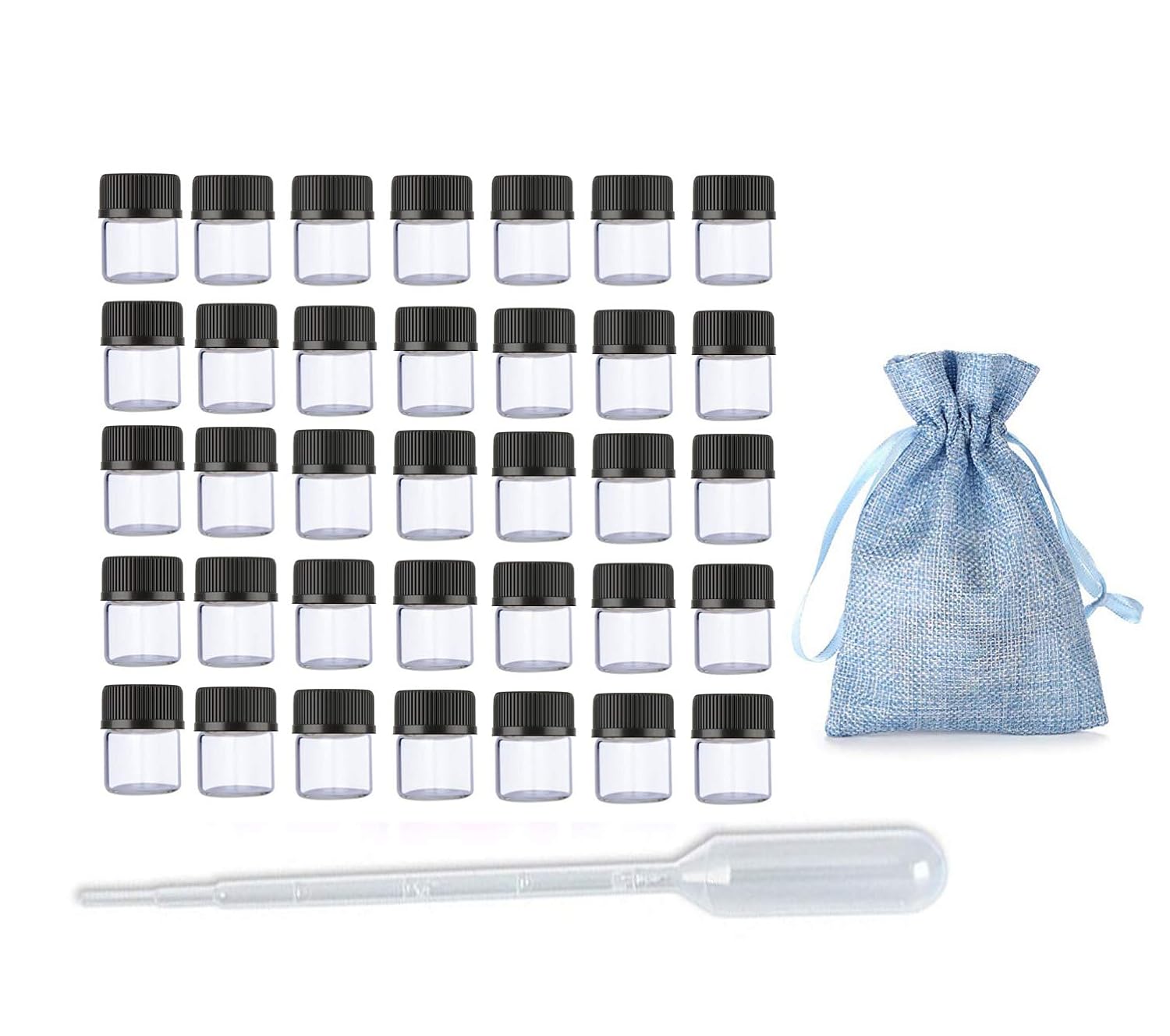 JJKMALL- 50Pcs Clear Sample Glass Bottles mini 1ml 1/4Dram Essential Oils Vials with Orifice Reducer Perfume Cosmetics Lotion Jars Container + 1pc gift Storage bag + 1pc 3ml Dropper