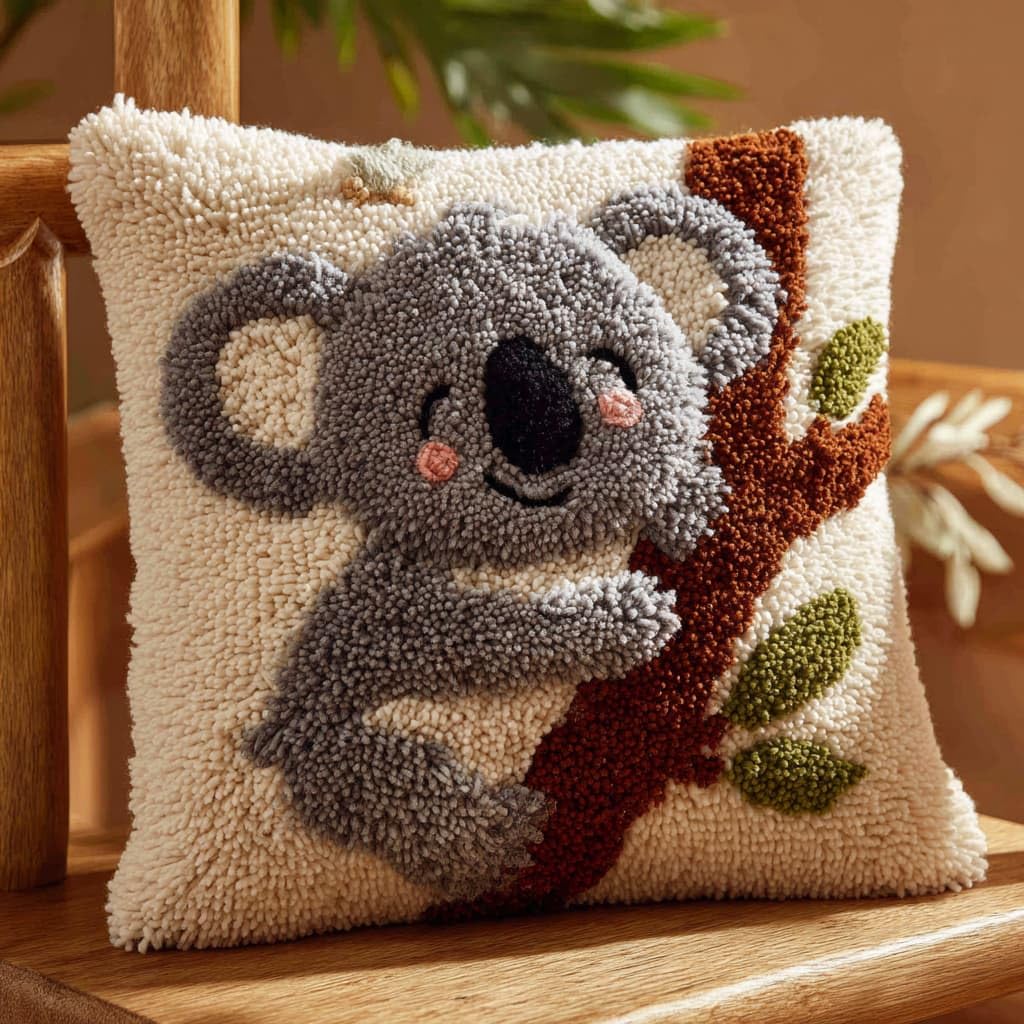 Taxpy DIY Latch Hook Kits, Koala Pillow with Printed Canvas Handmade Cushion Crochet Yarn Embroidery Hook and Latch Kit Pillowcase 43x43cm