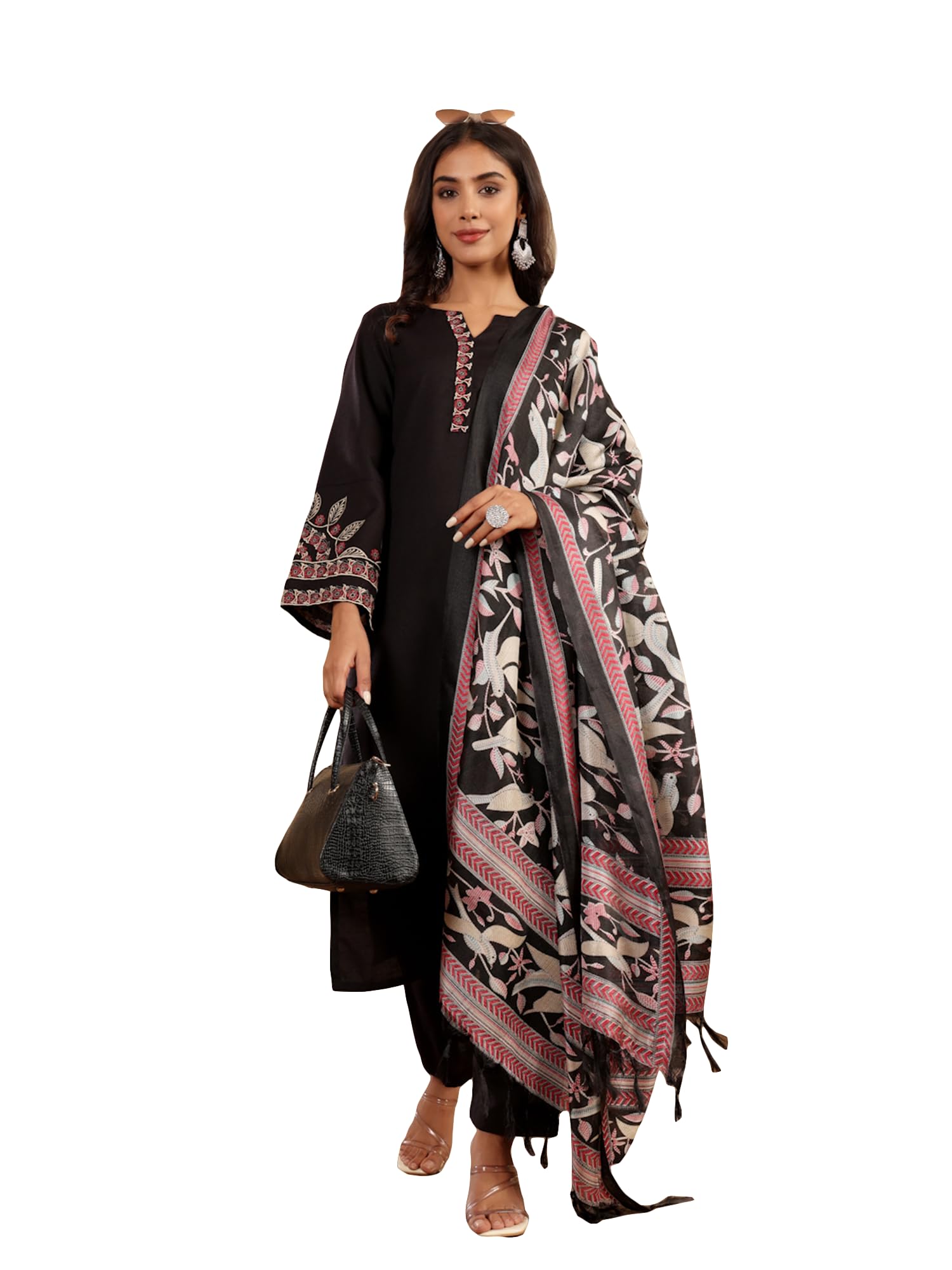 Varanga Thread Floral Embroidered Kurta Paired With Tonal Bottom And Printed Bhaghalpuri Dupatta Black