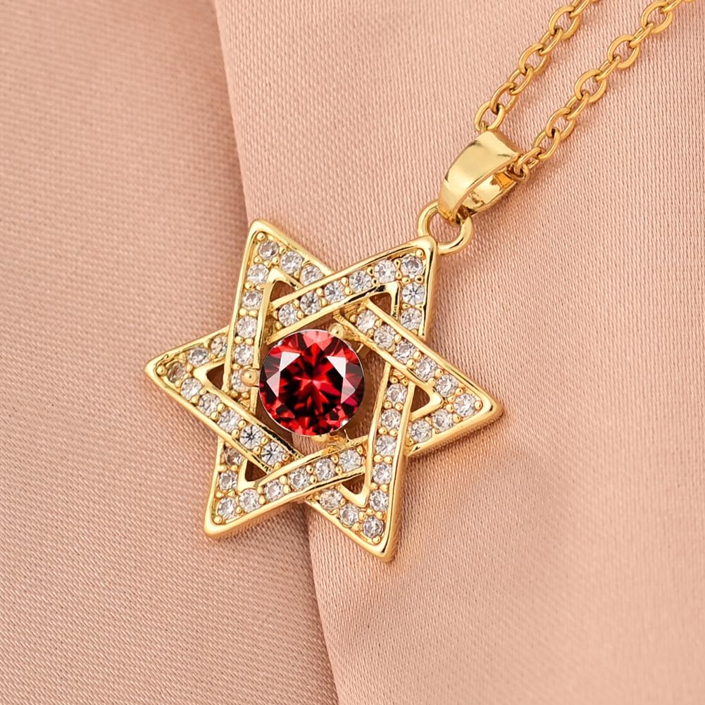 Collar con estrella de David: delicado colgante con piedra natal pequeña | Cruz Collar con estrella judía de seis puntas, joyería diminuta de oro de 14 quilates para mujer