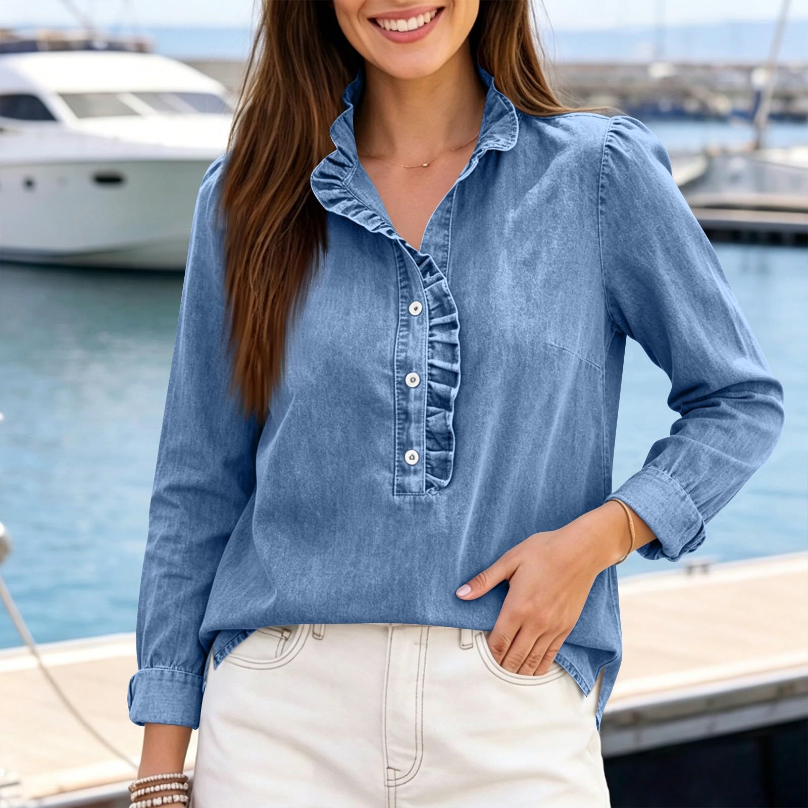 Camicia in jeans da donna a maniche lunghe, oversize, casual, a maniche | Revers Denim, camicetta casual in chambray con volant, tinta unita, elegante camicetta di jeans per le mezze stagioni