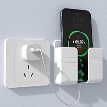 حامل هاتف يثبت على الحائط مع خطافات بجانب السرير مقبس محول للهاتف المحمول رف لاصق لجهاز التحكم عن بعد صندوق متعدد الاغراض منظم بلاستيك أبيض