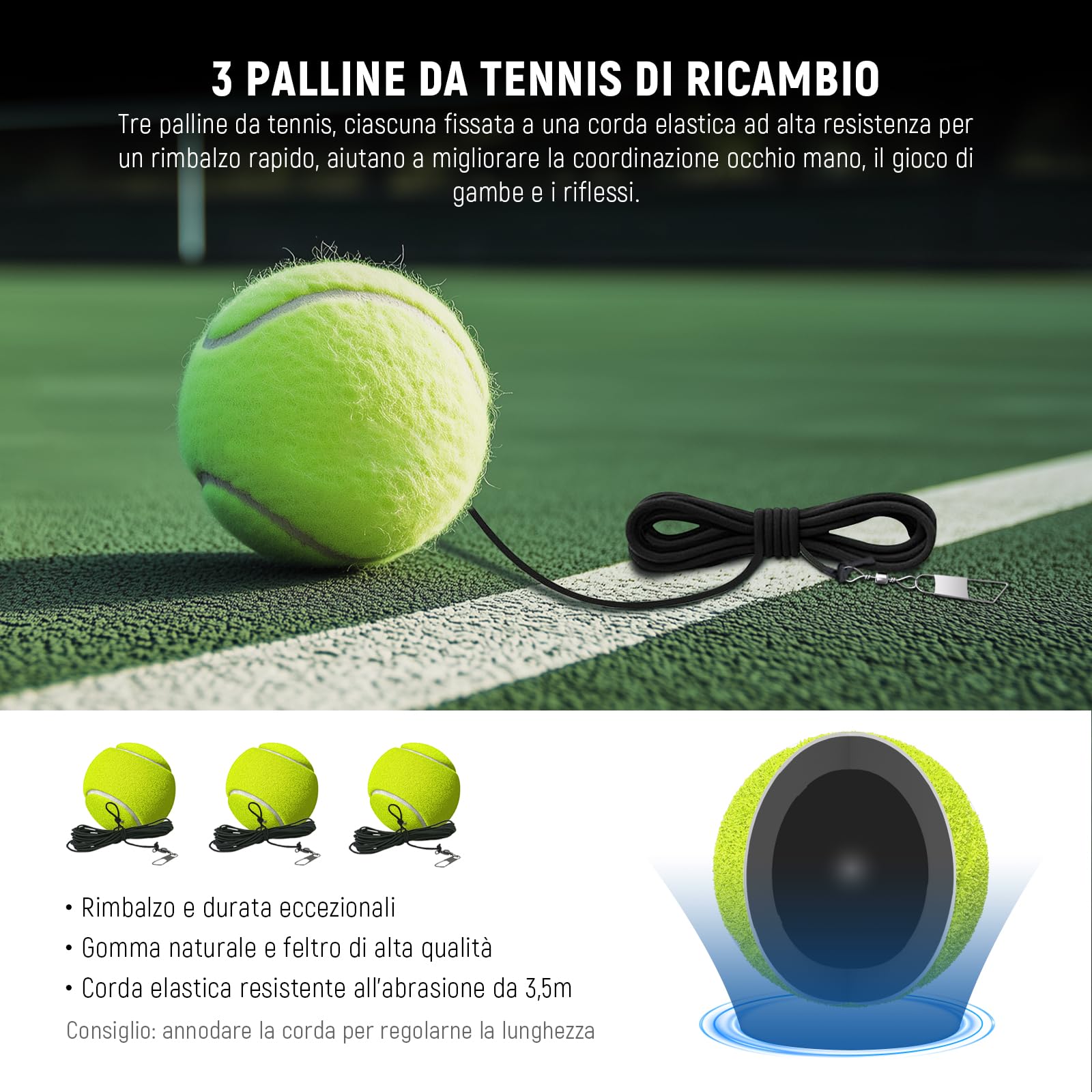 NEEWER Set di Palline da Tennis Portatili con Base in Ferro Antiscivolo, Supporto per Racchetta, 3 Palline da Tennis con Corda Elastica, rimbalzatore per Allenamento Individuale per Adulti, TB01Z