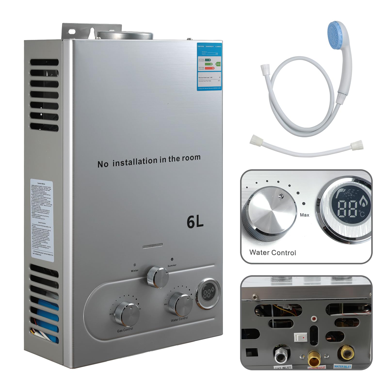 Chauffe-Eau à Gaz GPL, Chauffe Eau Instantané Gaz, Modes Hiver Et éTé, Protection Contre La Surchauffe, Avec Pomme De Douche Et Plomberie, Pour La Maison, ExtéRieur, Camping Car (6L, 12kw)