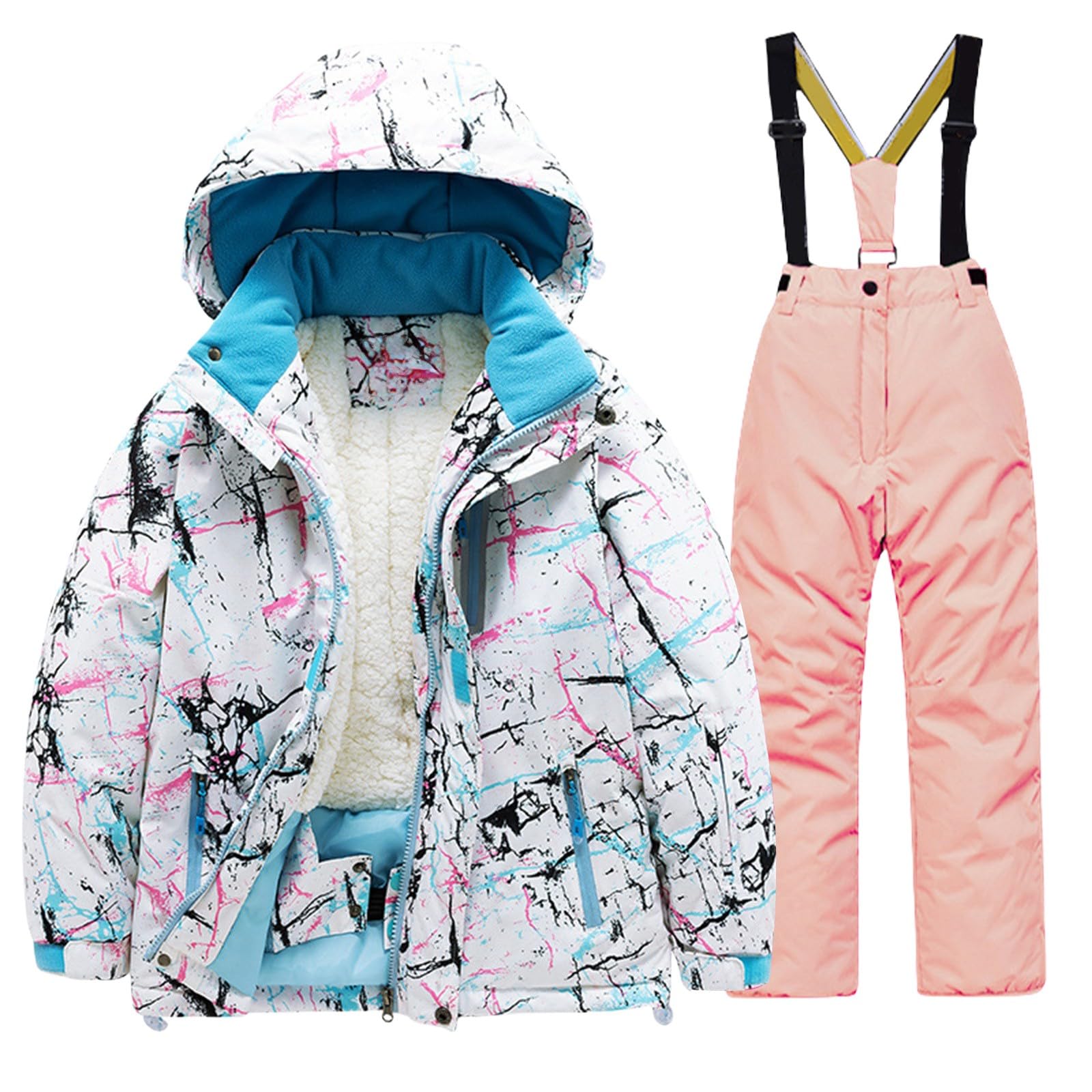 Kids Snowsuit for Boys Girls Children Winter Puffer Down Jackets Bib Pants Set Two Piece Ski Suit (Pink, 7-8 Years)