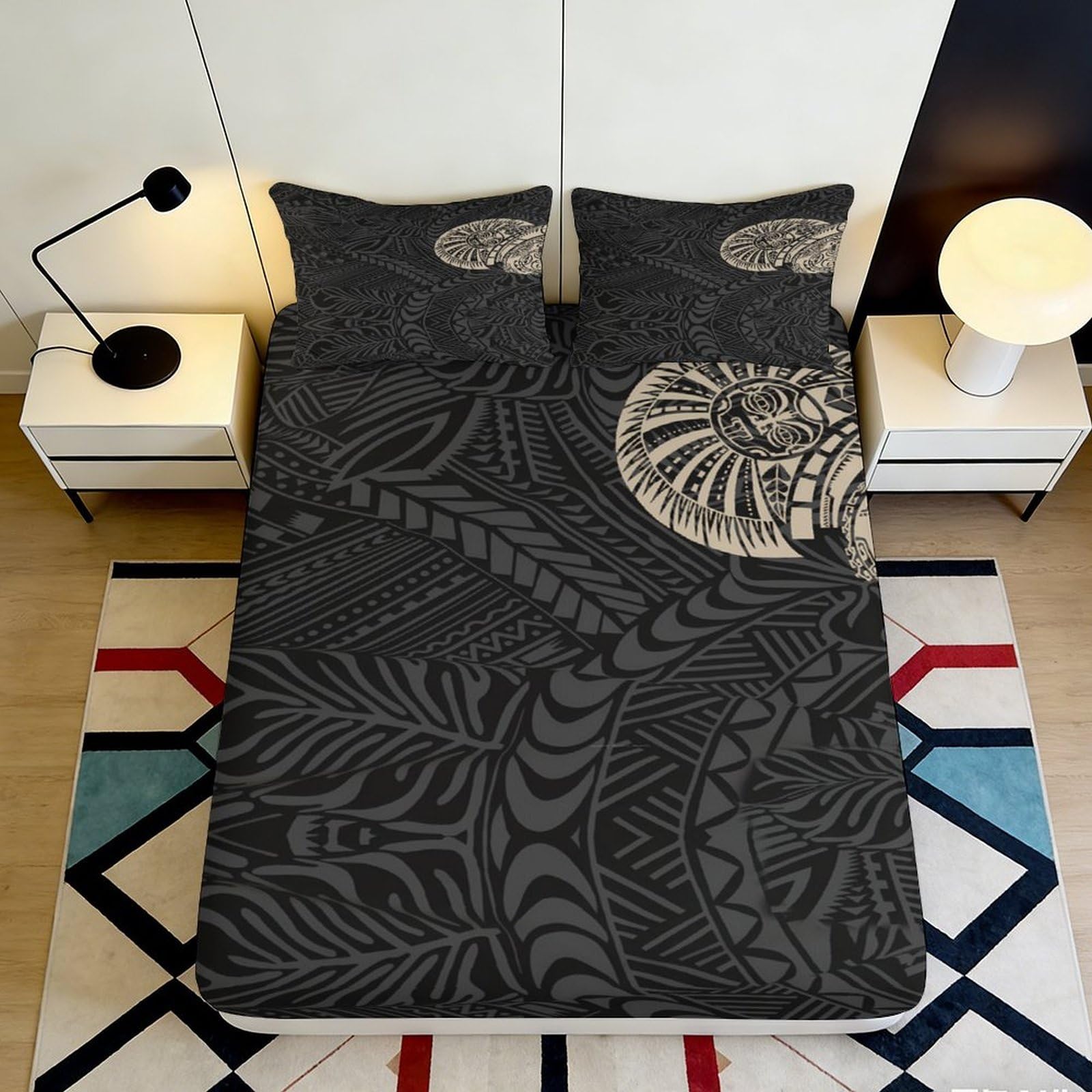 3D Printed Tribal Mandala Fitted Sheet Microfiber Soft Black Ethnic Pattern Mattress Cover for Bedroom Guest Room Decor 180x200x25cm