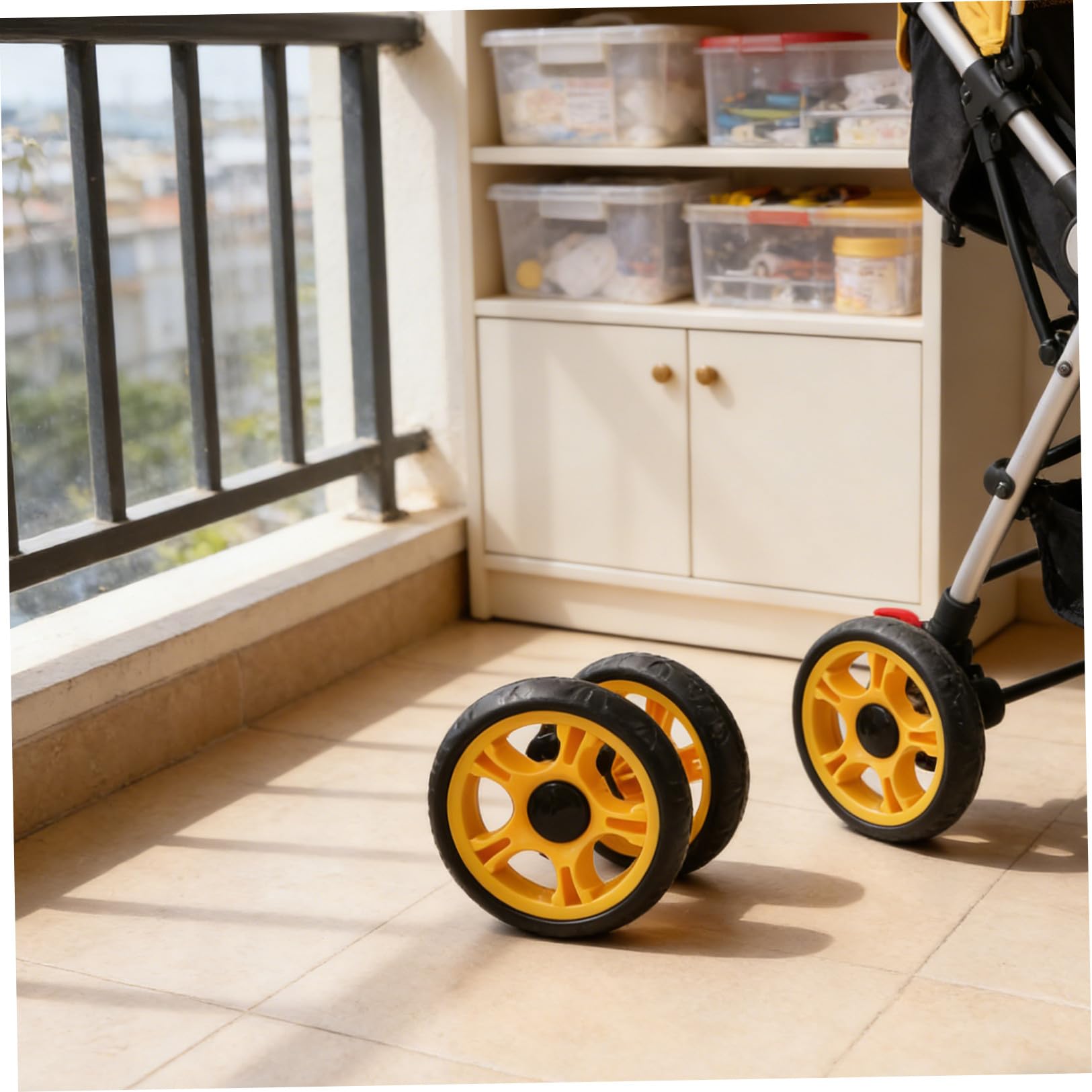 4 Piezas Ruedas de Plástico para Cochecito Infantil con Absorción de Impactos y Reducción de Vibraciones, Ruedas Delanteras Negras para Carrito de Ñiño