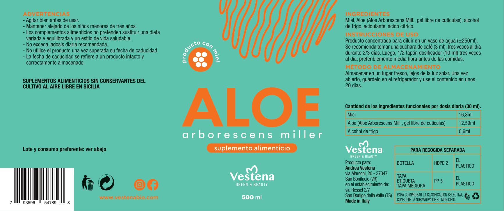Vestena - Aloe Arborescens 100% Puro y Natural con Miel, Receta del Padre Zago. Jugo Detox Natural para Hígado e Intestino, Drenaje Potente - 500 ml - Made in Italy