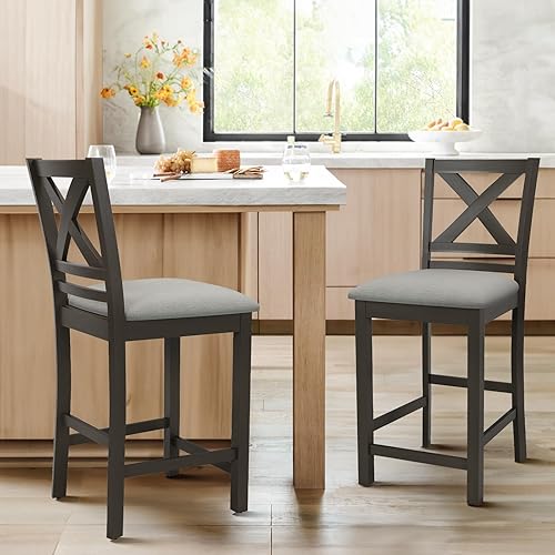 COLAMY Bar Stools Set of 2, Counter Height Bar Stools, Mid Century Modern Barstools with Back, Wood Barstools for Kitchen Dining Room Bar, Dark Grey