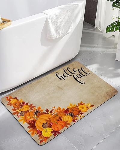 Bath Mat, Thanksgiving Hello Fall Farmhouse Vintage Pumpkin Pine Cones Maple Leaves Quick Dry Bathroom Rugs Non Slip Absorbent Thin Shower Rug Floor