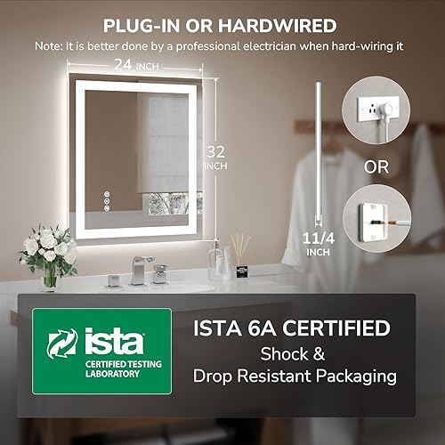 Miniatura 7 de USHOWER Espejo LED de 24 x 32 pulgadas para baño, espejo de baño LED frontal y retroiluminado con antiniebla, 3 colores regulables, función de