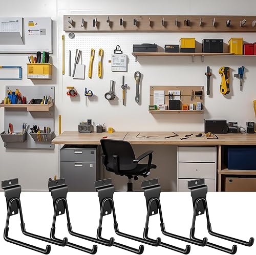 Miniatura 5 de Paquete de 28 ganchos y colgadores Slatwall accesorios de pared de listones de metal, ganchos resistentes para sistema de almacenamiento de garaje,