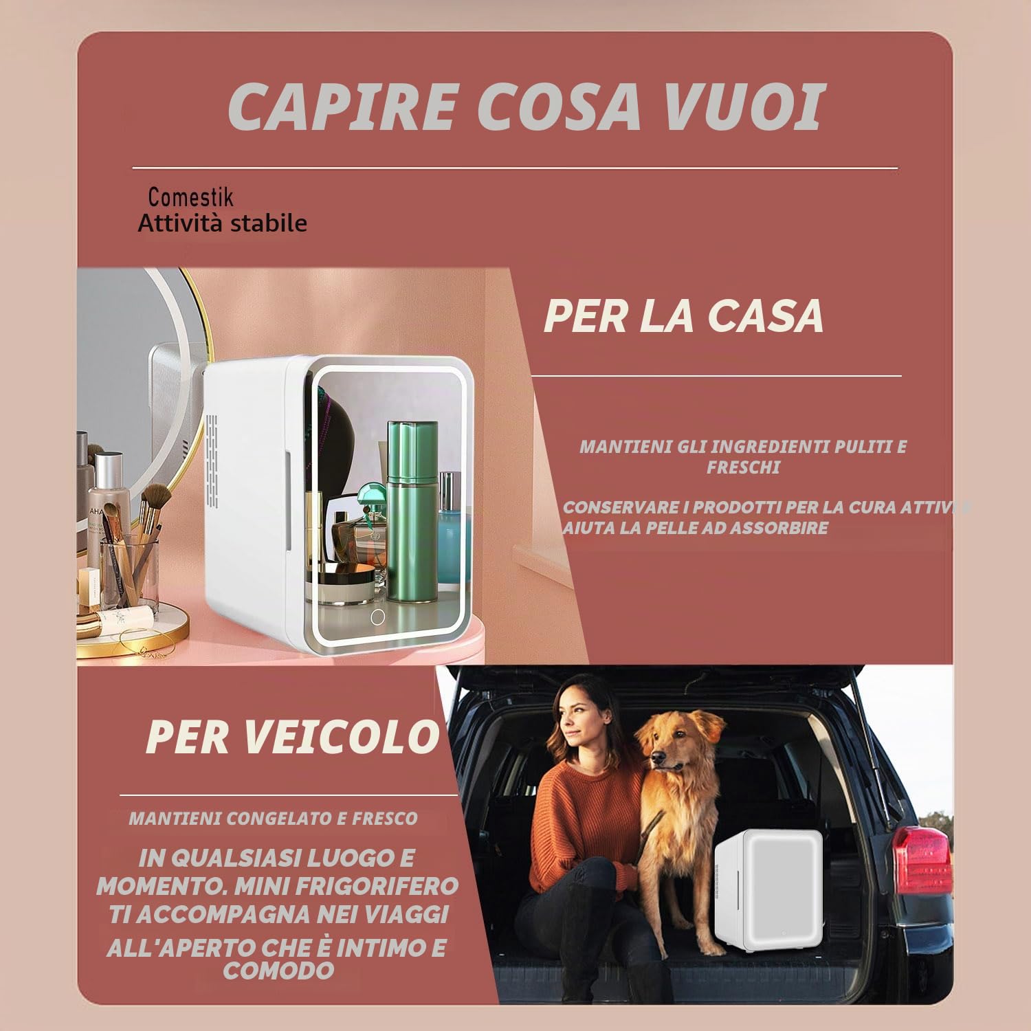 VNIMTI Mini Frigo da Camera 4L, Piccolo Frigorifero Portatile con Specchio LED, Raffreddamento e Riscaldamento, 12V/ 220V, Mini Frigorifero Skincare per Auto, Camera da Letto, Ufficio (Bianco-4L)