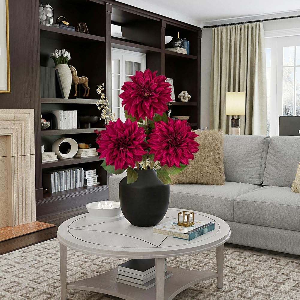 Hollyone 7.5'' Large Artificial Dahlia Flowers with Long Stems, 3pcs Red Fake Flowers Faux Dahlias - Image 4