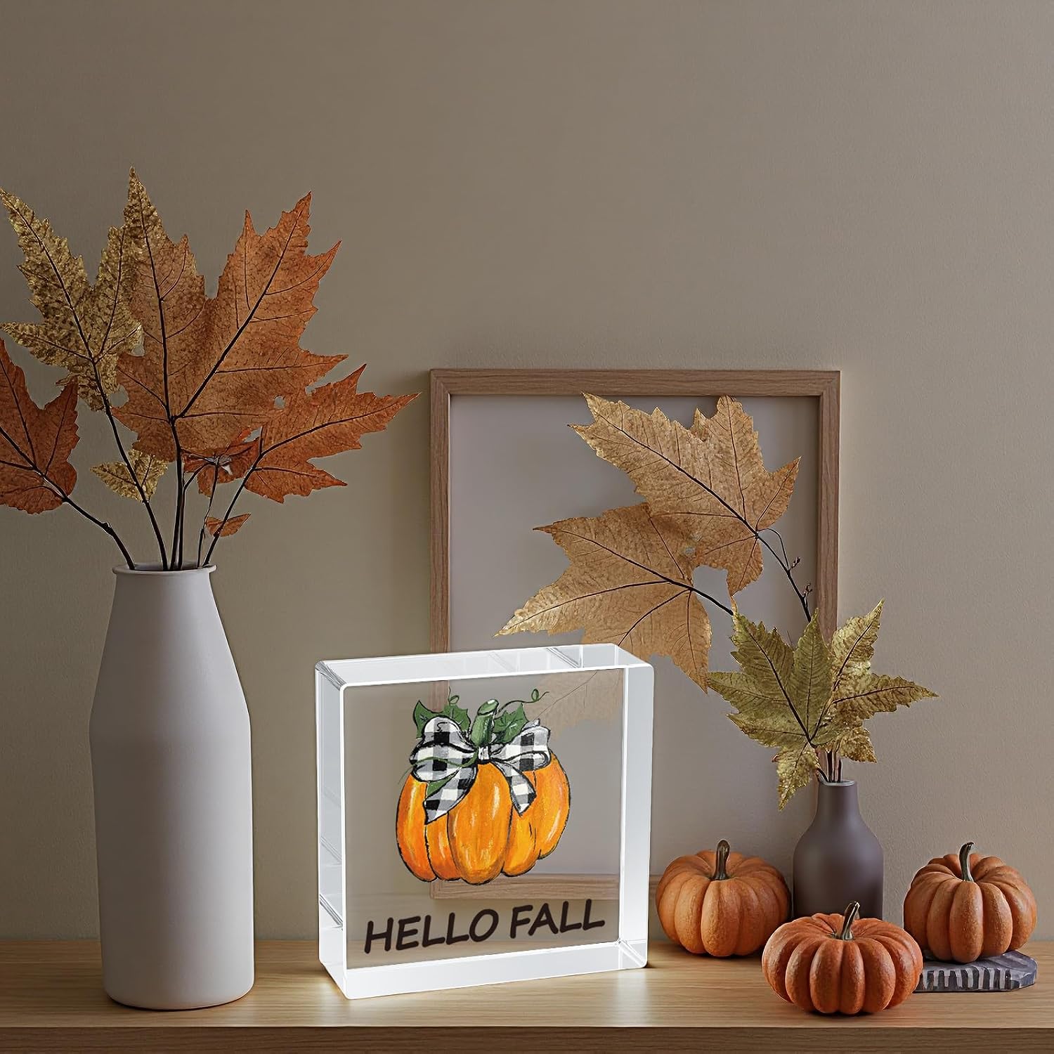 Fall Decorations for Home Fall Decor Home Room Pumpkin Buffalo Plaid Acrylic Table Sign Rustic Shelf Desk Office Decor Season Sign House Warming Gifts 4.5 x 4.5 Inch