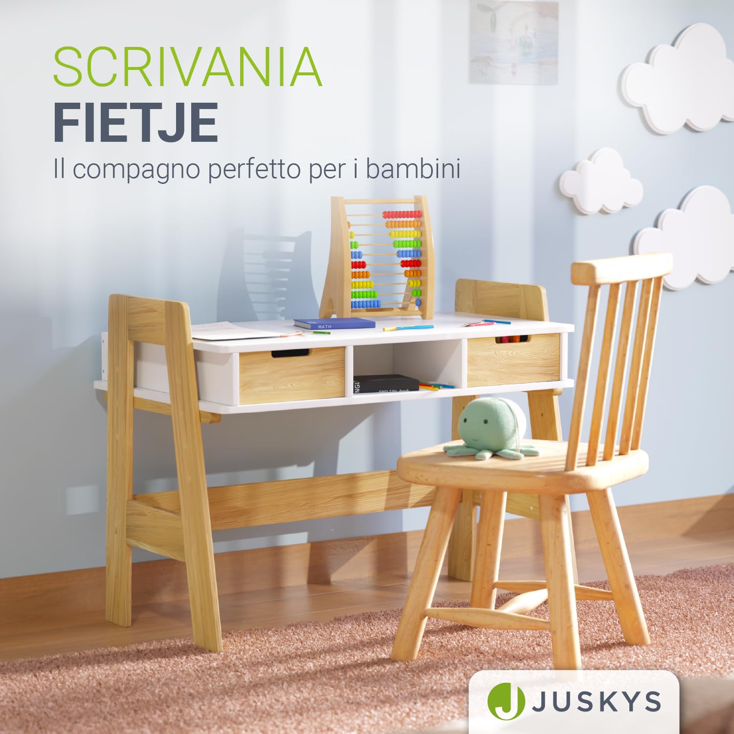 Juskys Scrivania per Bambini Fietje - Scrivania Regolabile in Altezza con 2 Cassetti - Materiale Robusto e Antigraffio - Ampio Spazio di Archiviazione