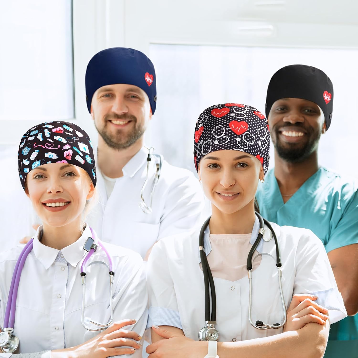 Unittype 4 Pcs Nurse Caps for Women Nursing Working Caps with Button and Sweatband Adjustable Elastic Scrub Hats for Dentist - Image 3