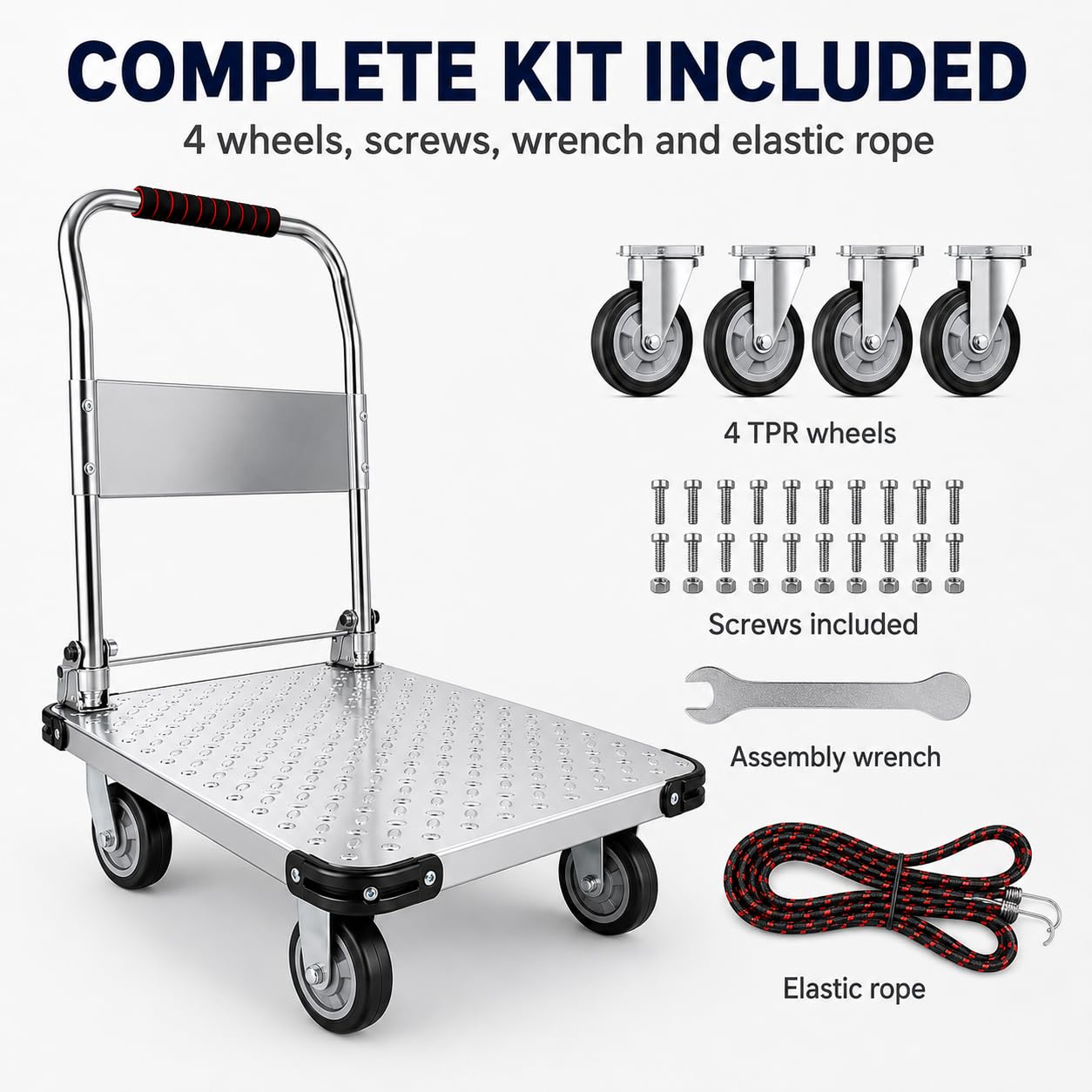 MAGIC SELECT Carro Plataforma Plegable 600 kg 90 x 60 cm | Ruedas 360º, Plataforma Antideslizante, Asa Plegable Ergonómica, Cuerda Elástica y Kit de Montaje