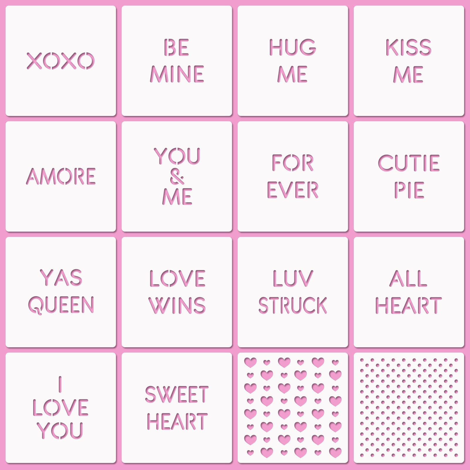 16 Pcs Valentine Conversation Hearts Cookie Stencils with Royal Icing 3x3 in, I Love You/Hug Me/Kiss Me/Forever Love Phrase Sign Sayings Heart Stencils for Valentine's Day Making DIY Crafts