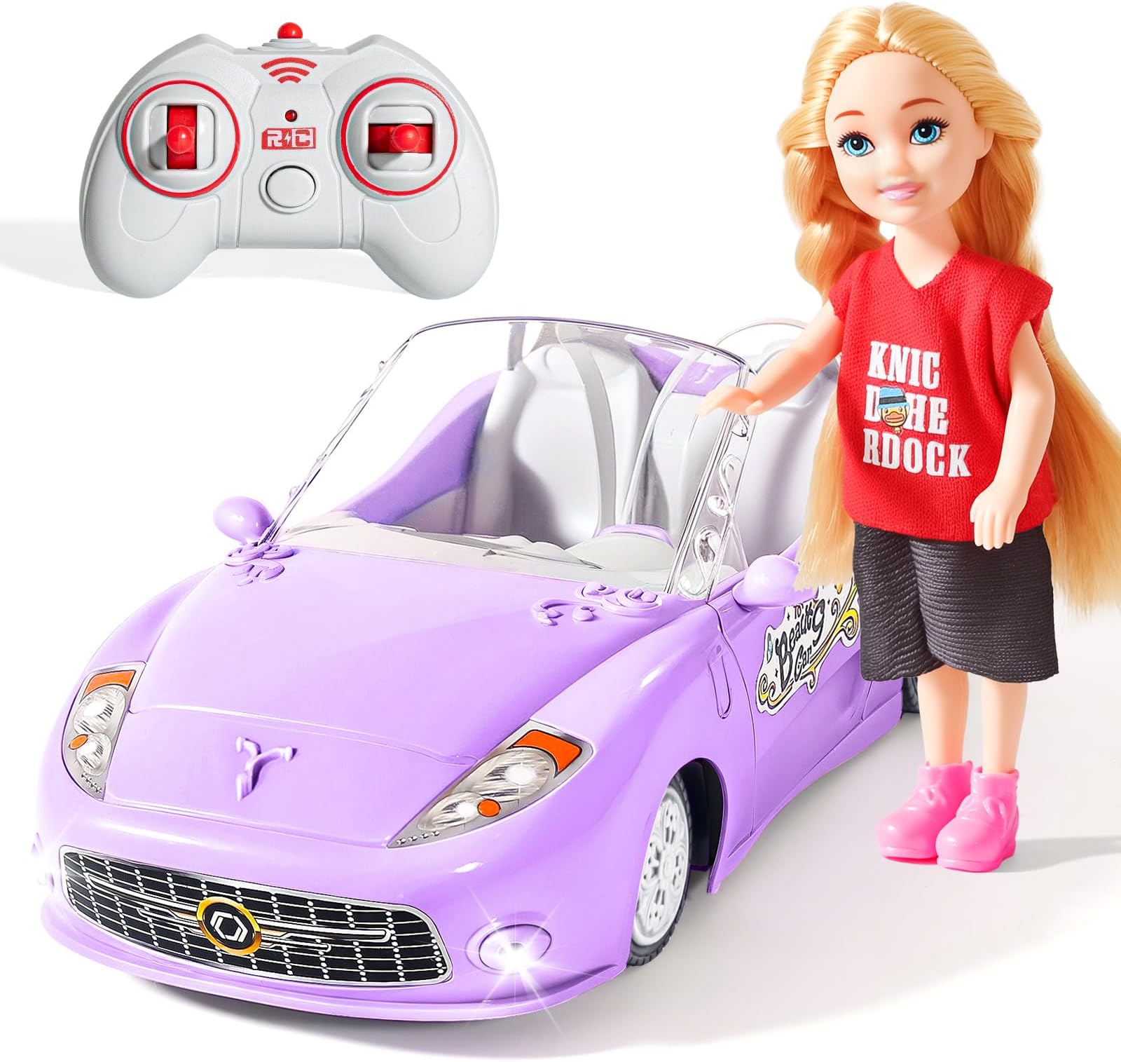 Remote Control Car for Girls 4-7, RC Car for Kids with Doll, 1:18 Scale 2.4Ghz Racing Car with Lights & Controller, Birthday for Grils