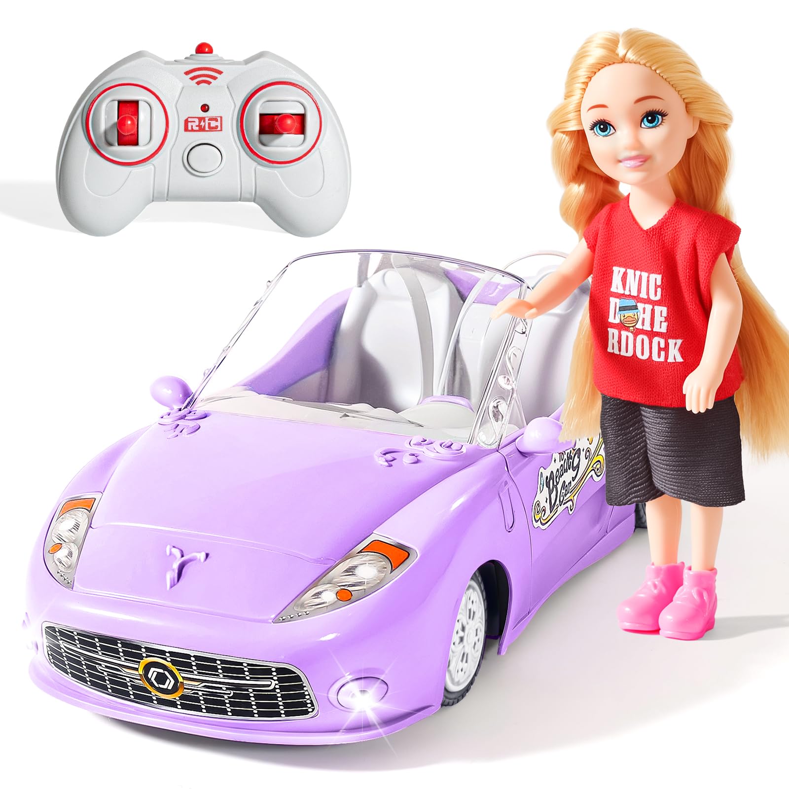 Remote Control Car for Girls 4-7, RC Car for Kids with Doll, 1:18 Scale 2.4Ghz Racing Car with Lights & Controller, Birthday for Grils